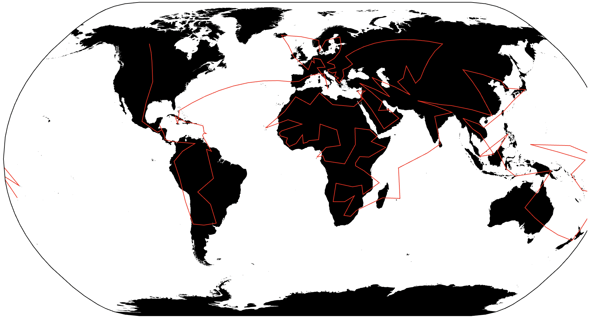 Map of the world with a red line moving through countries representing linear order.